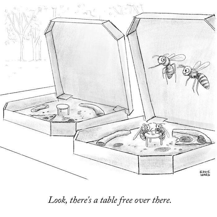 Two bees using a pizza box as a table, illustrating a humorous single-panel comic by Eddie Ward.