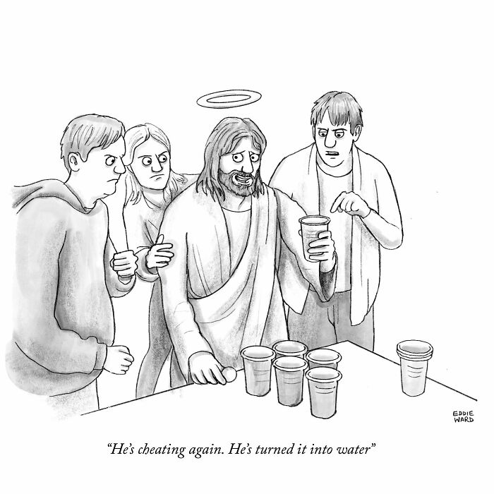 Single-panel comic by Eddie Ward featuring a humorous scene with a haloed man and surprised onlookers.