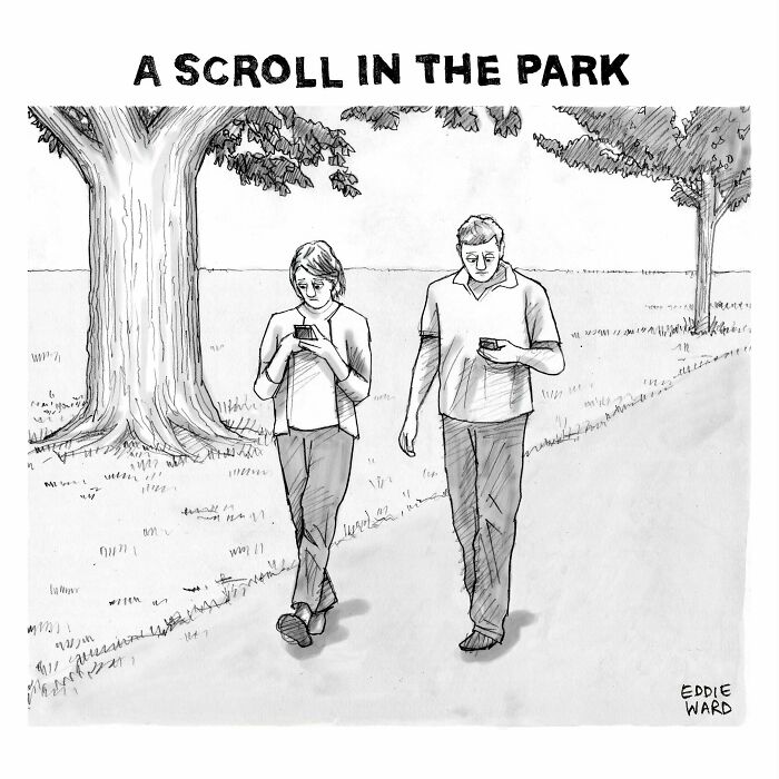 Two people absorbed in their phones while walking in a park, featured in a single-panel comic by Eddie Ward.