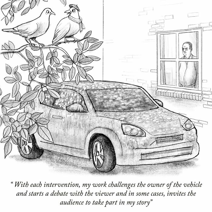 Two pigeons on a branch over a car covered in droppings, with a person observing from a window. Comic by Eddie Ward.