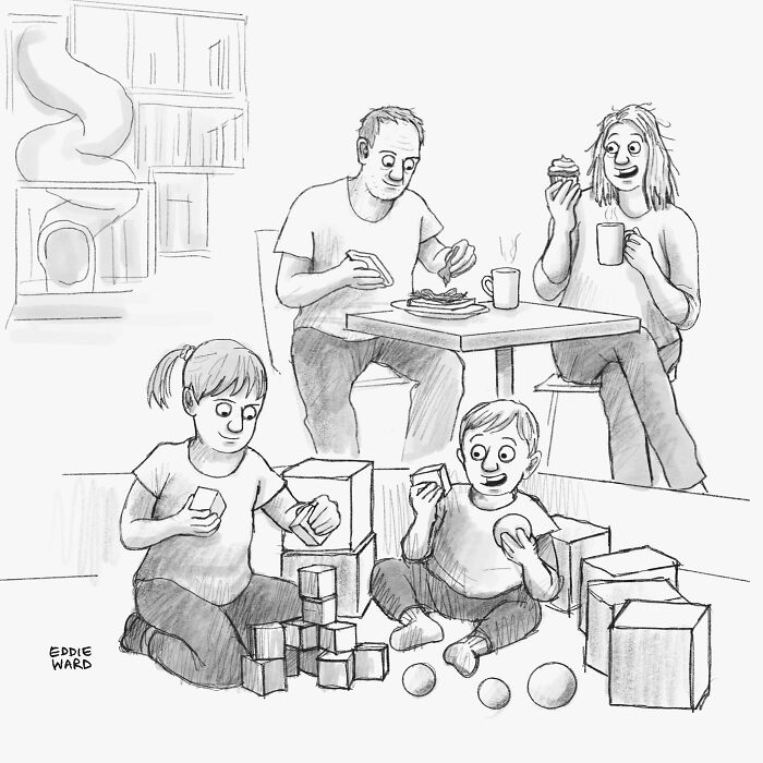 Family enjoying time together; parents having snacks while kids play with blocks and balls, single-panel comic by Eddie Ward.