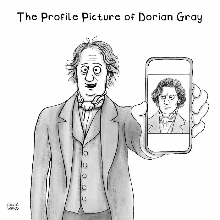 Dorian Gray holding a smartphone with his portrait as a profile picture, illustrated by Eddie Ward in a comic style.