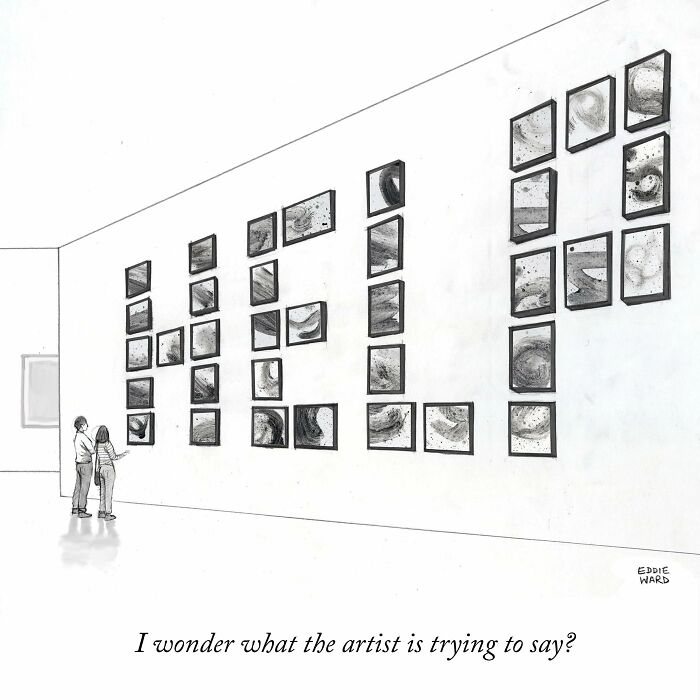 Two people in a gallery observing artwork forming the word "HELP," by Eddie Ward, a single-panel comic.