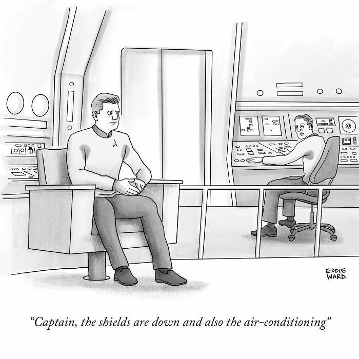 Space-themed single-panel comic by Eddie Ward, with a captain and crew discussing shields and air-conditioning.