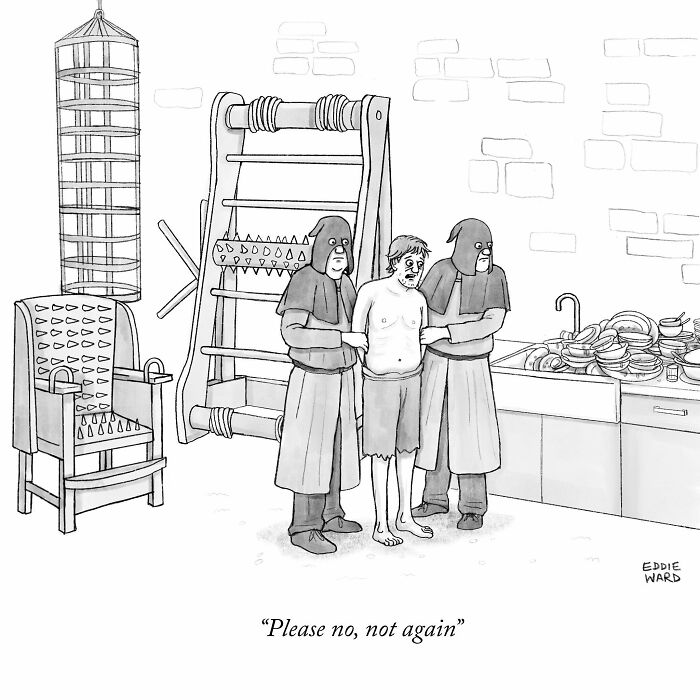 Cartoon by Eddie Ward showing two hooded figures holding a man near a kitchen with plates, adding humor to brighten your day.