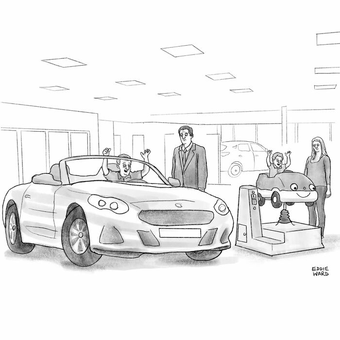 Man excitedly sits in convertible, mimicking a child on a coin-operated car ride, cartoon by Eddie Ward.