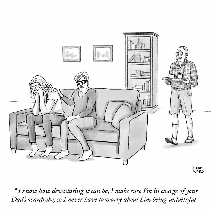 A humorous Eddie Ward single-panel comic showing two women talking and an older man in the background holding a tray.