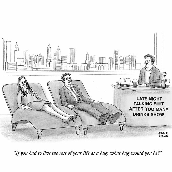 Single-panel comic by Eddie Ward: two guests on a talk show couch discuss funny hypothetical bug questions.