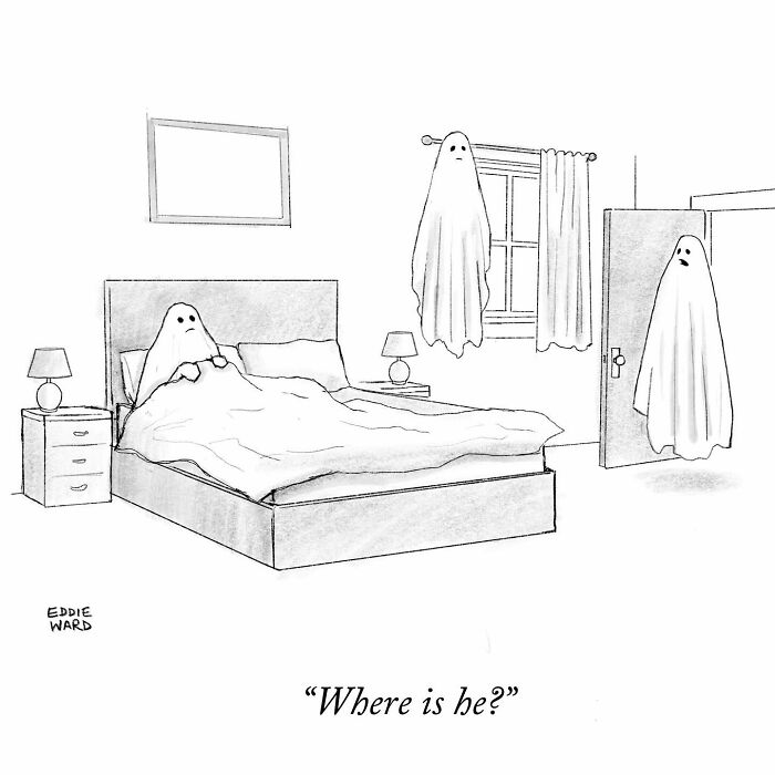 Ghosts in a bedroom, one in bed and two floating, with the caption "Where is he?" Comic by Eddie Ward.