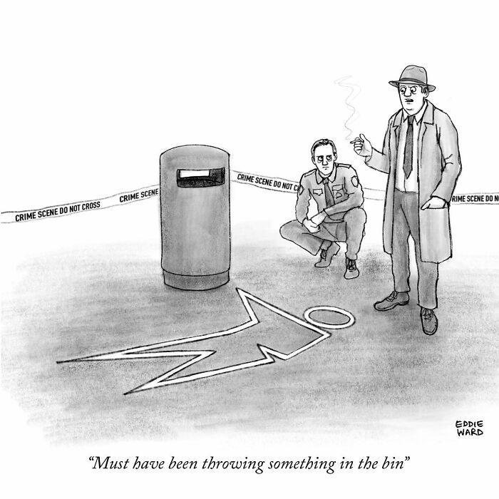 Detectives at a crime scene with a trash can and humorous outline, from Eddie Ward's single-panel comic series.