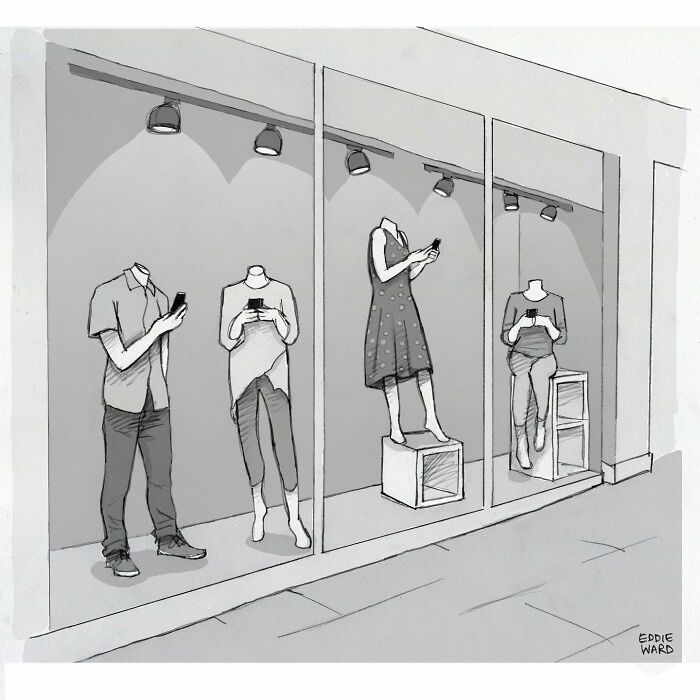 Store mannequins using smartphones, a humorous single-panel comic by Eddie Ward.