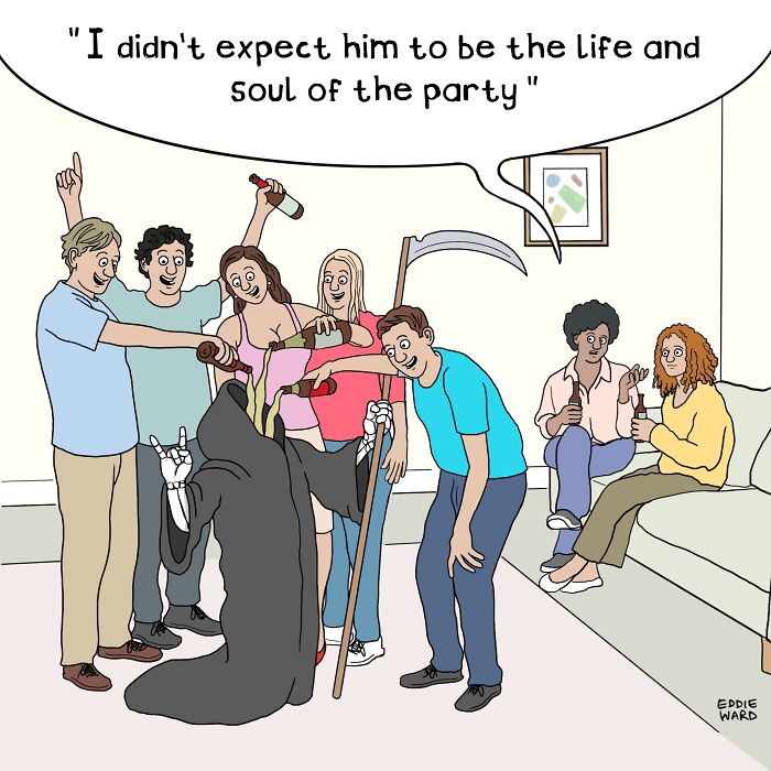 A comic by Eddie Ward showing the Grim Reaper as the life of the party, surrounded by smiling people.