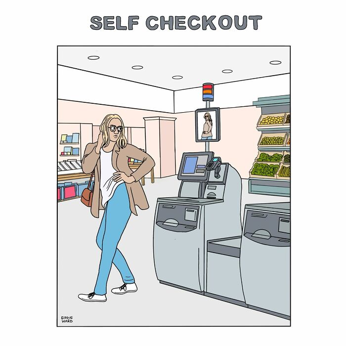 Woman examines herself at self-checkout mirror; a humorous single-panel comic by Eddie Ward.