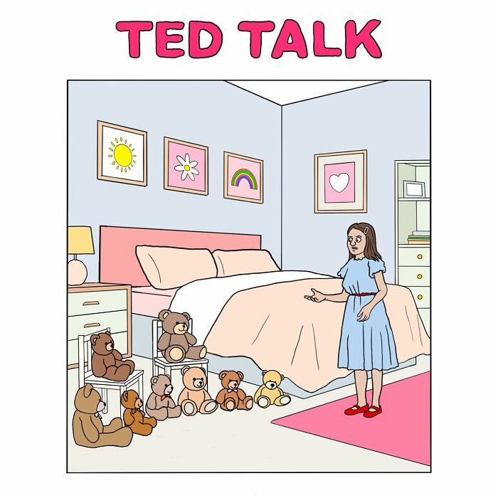 Woman giving a talk to teddy bears in a bedroom setting, titled "TED TALK." Comic by Eddie Ward.