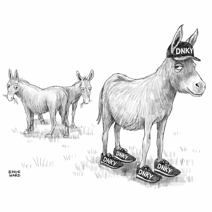 Donkey cartoon in DNKY hat and shoes by Eddie Ward, amusing single-panel comic to brighten your day.