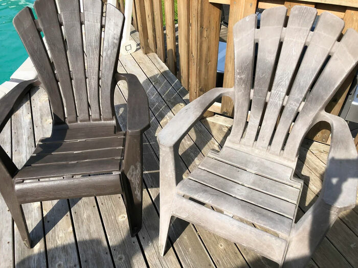 Two Adirondack chairs on a deck, with one freshly restored and the other weathered, showcasing restoration results.