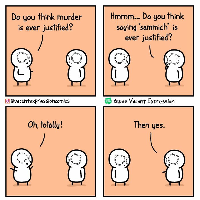 Two characters discuss m****r and the word "sammich" in a sarcastic comic with a twisted ending.