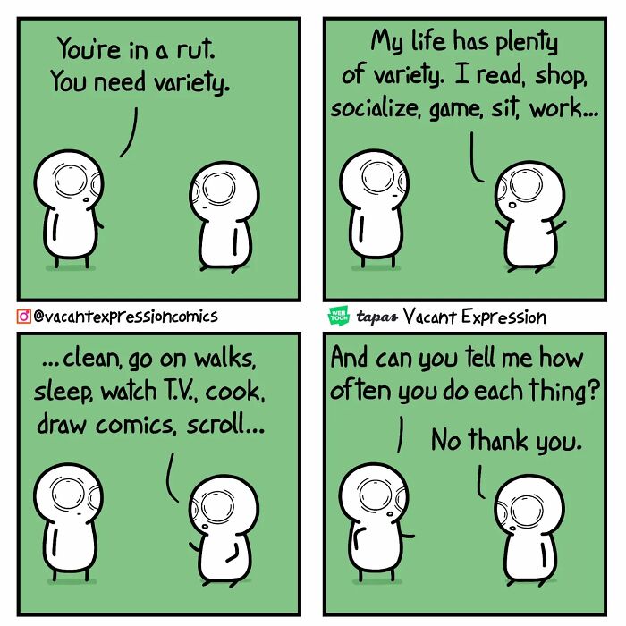 Sarcastic comic with a character listing daily activities and avoiding a question, showcasing a twisted ending.