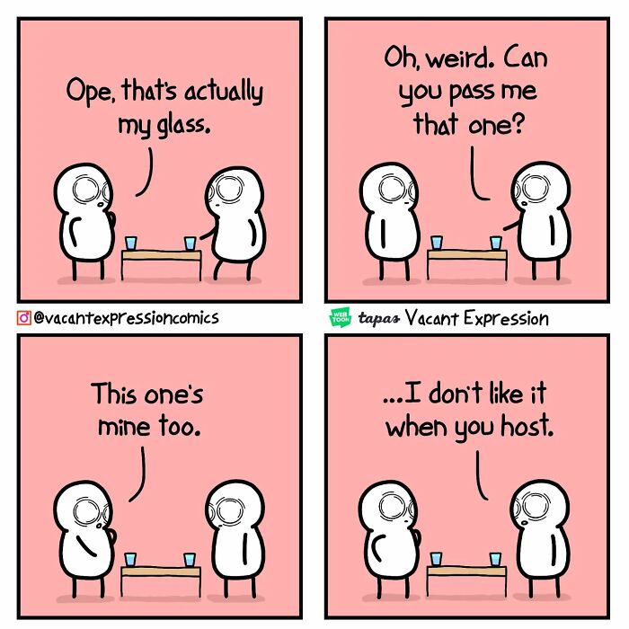 Sarcastic comic featuring two characters with glasses on a table, highlighting twisted humor.