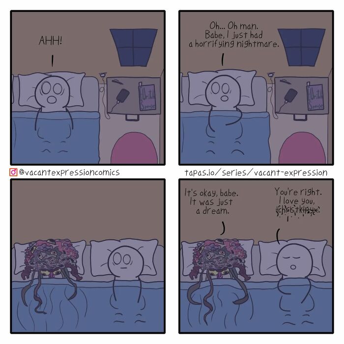 Sarcastic comic showing a person waking from a nightmare, only to find a humorous twist with their partner in bed.
