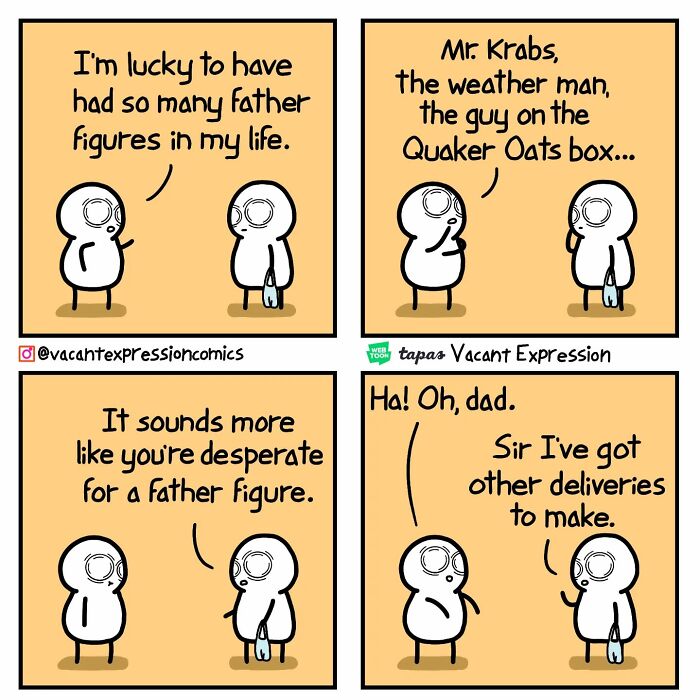 Sarcastic comic with a twisted ending shows two characters discussing father figures humorously.