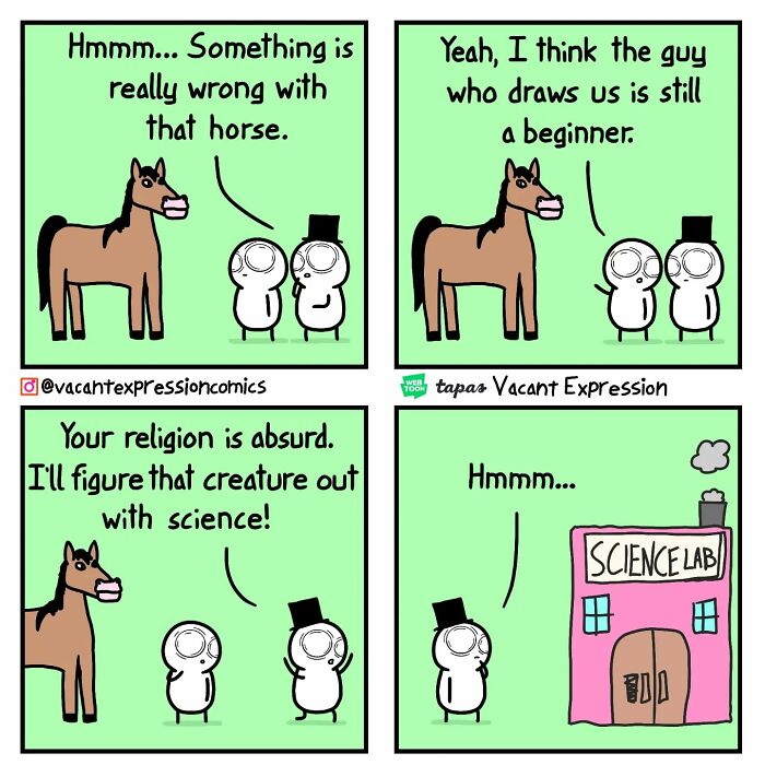 Sarcastic comic strip featuring two characters discussing a poorly drawn horse with a humorous twist.