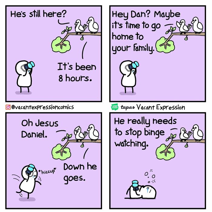 Sarcastic comic featuring birds commenting on a character's binge-watching habits.