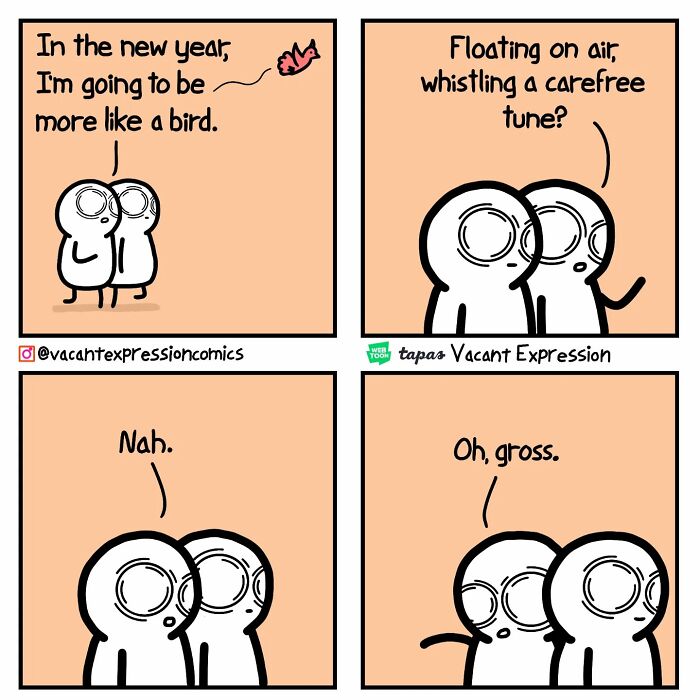 Two cartoon characters discuss sarcastic bird-like resolutions, ending with a humorous twist.