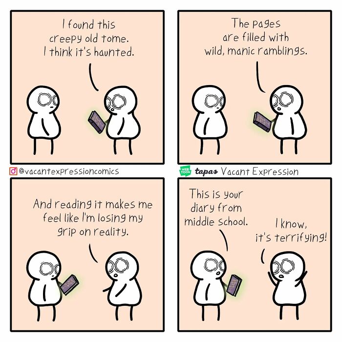 Sarcastic comic featuring two characters discussing a creepy book, revealed to be a diary from middle school with a humorous twist.