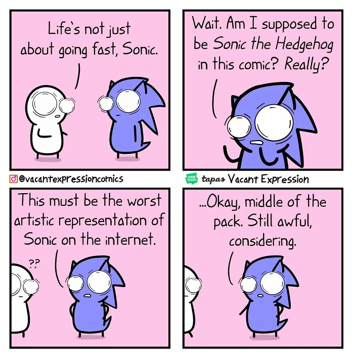 Sarcastic comic featuring a character questioning their depiction as Sonic, with twisted, humorous dialogue.