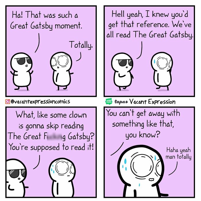Sarcastic comic about The Great Gatsby, featuring characters discussing the importance of referencing the book.
