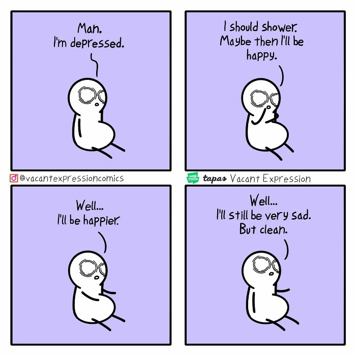 Sarcastic comic by artist with a character contemplating depression and showering for happiness but remaining sad.