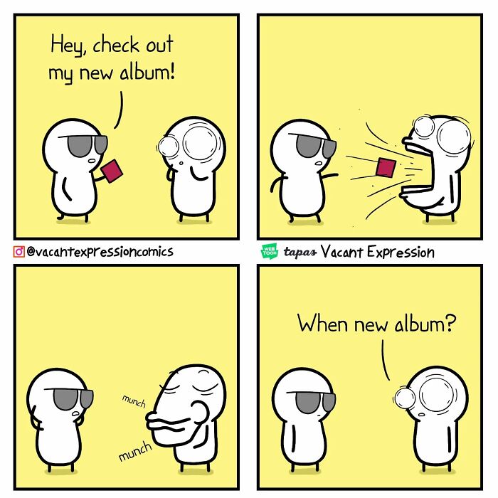 Sarcastic comic by an artist with a twisted ending about a character eating a new album.