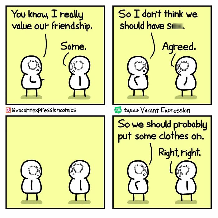 Two cartoon characters in a sarcastic comic with a humorous and twisted ending about friendship and attire.