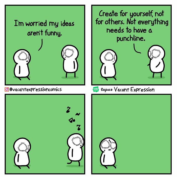 Comic with characters discussing creativity and humor, illustrating sarcastic twist.