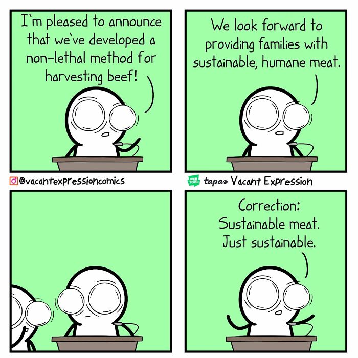 Sarcastic comic by artist depicting a humorous speech on sustainable meat with a twisted ending at a podium.