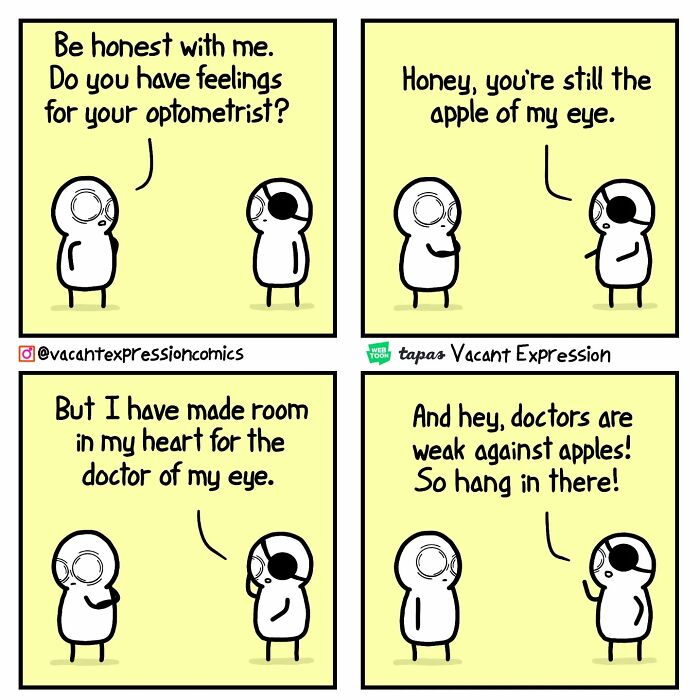 Sarcastic comic about feelings for an optometrist, featuring two characters discussing love and doctors with a humorous twist.