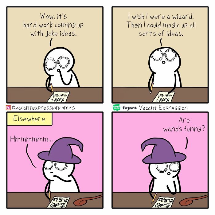 Artist draws sarcastic comic with character pondering joke ideas and wishing to be a wizard, ending with a twist on wand humor.