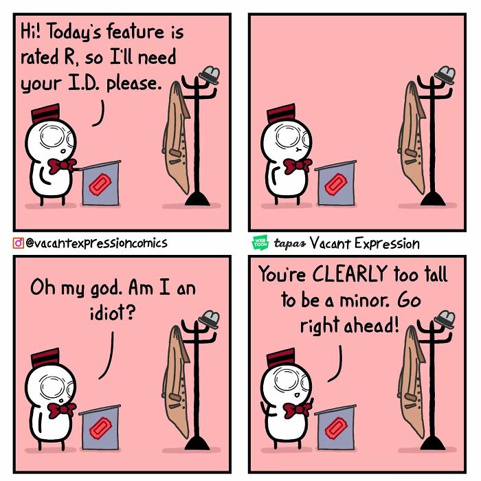 Comic strip by artist with sarcastic twist, featuring a character mistaking a coat rack for a person needing an ID check.
