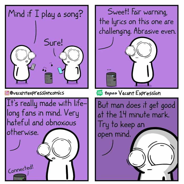 Sarcastic comic with two figures discussing music with a speaker, highlighting challenging and abrasive lyrics.