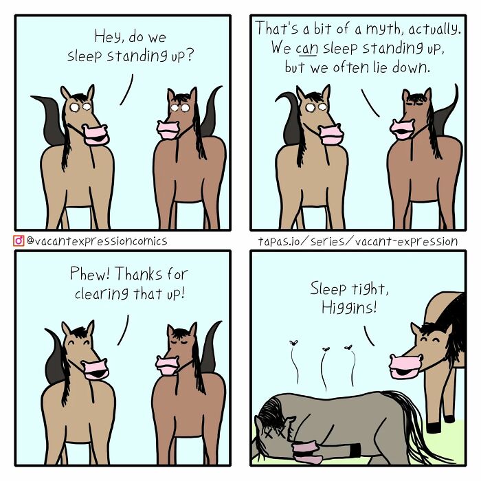 Two horses discuss sleeping positions in a sarcastic comic strip with a twisted ending.