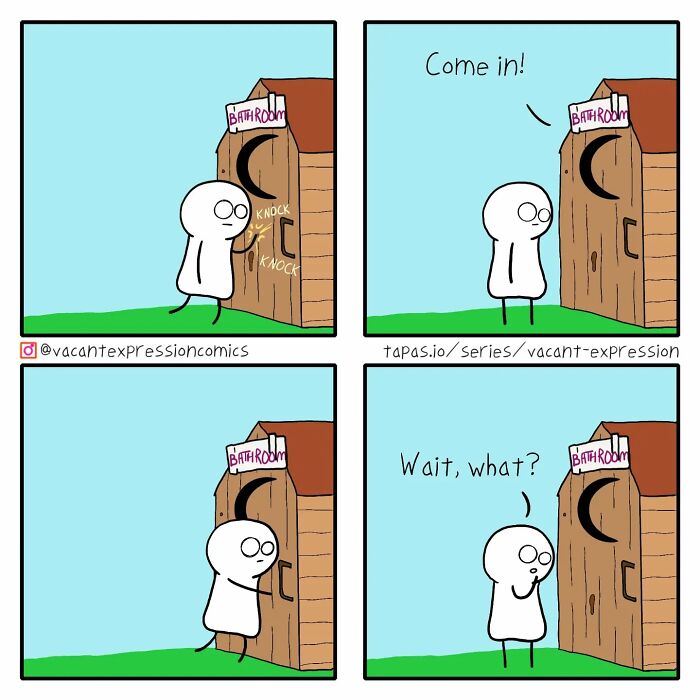 Sarcastic comic strip with a character confused by a bathroom sign.