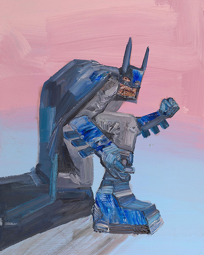 Abstract painting of Batman in shades of blue and gray, set against a pink background. Abstract painting of Batman in shades of blue and gray, set against a pink background.