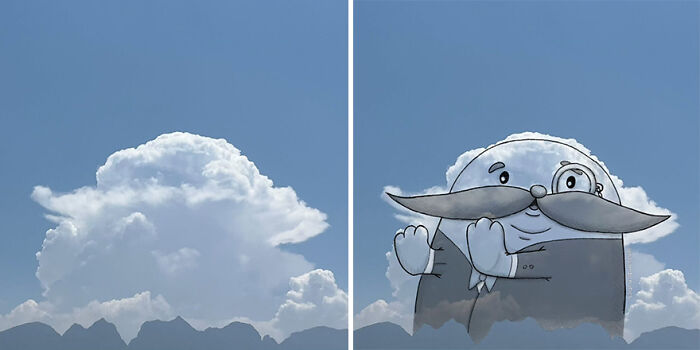 Fun illustration of a cloud transformed into a cartoon character with a big mustache and glasses.