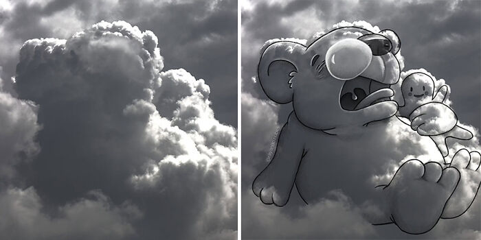 Cloud illustration showing a cute bear and its baby creatively drawn on a cloud formation.