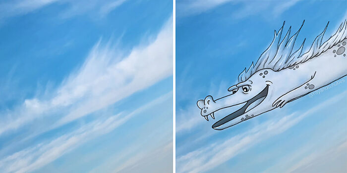 Illustration of a playful dragon drawn over a cloud formation in the sky.