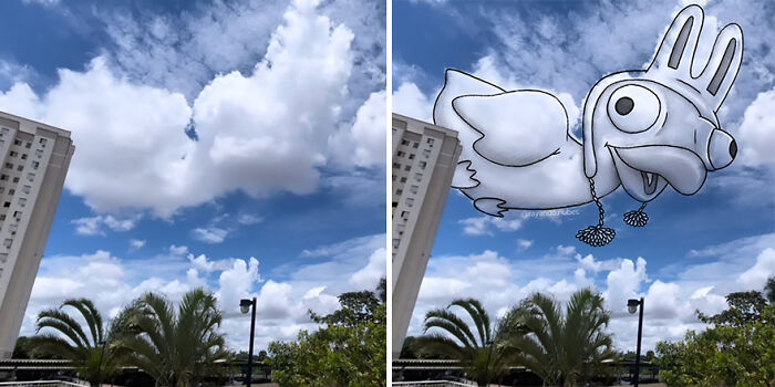 Illustration of a whimsical creature sketched over clouds in a blue sky; creative cloud art in an urban setting.