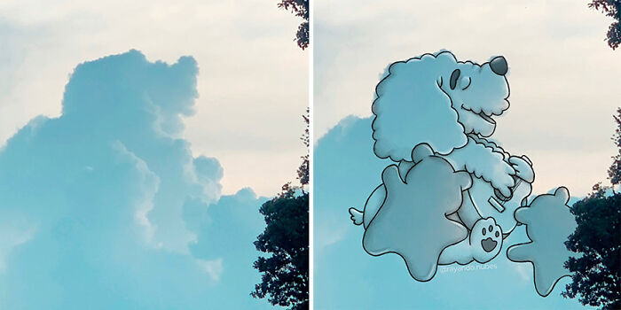Cloud illustrations showing a cartoon poodle hugging its puppies, creatively drawn over a cloudy sky background.