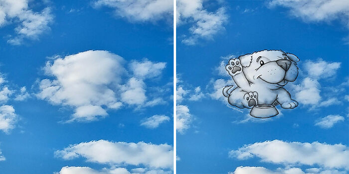 Fun cloud illustration by artist transforming clouds into a playful dog in the sky.