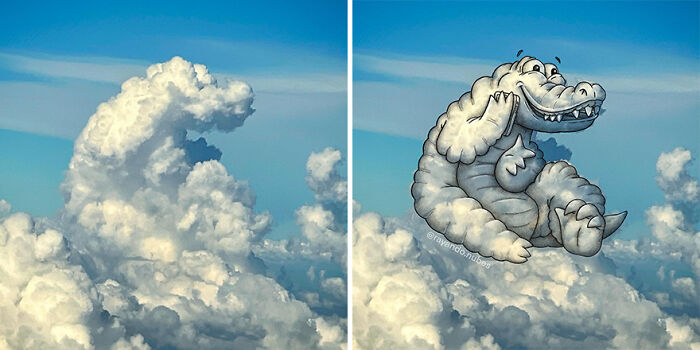 Cloud illustration turned into a cartoon alligator by an artist, showcasing creative artwork over cumulus clouds.